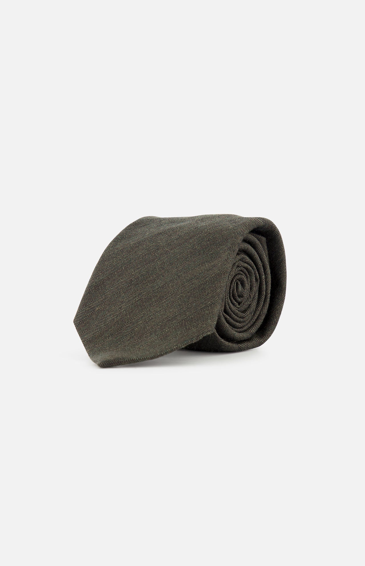 A ZEGNA Wool and Silk Tie in olive green, featuring a subtle diagonal striped pattern, is shown rolled up on a plain white background. Made in Italy.