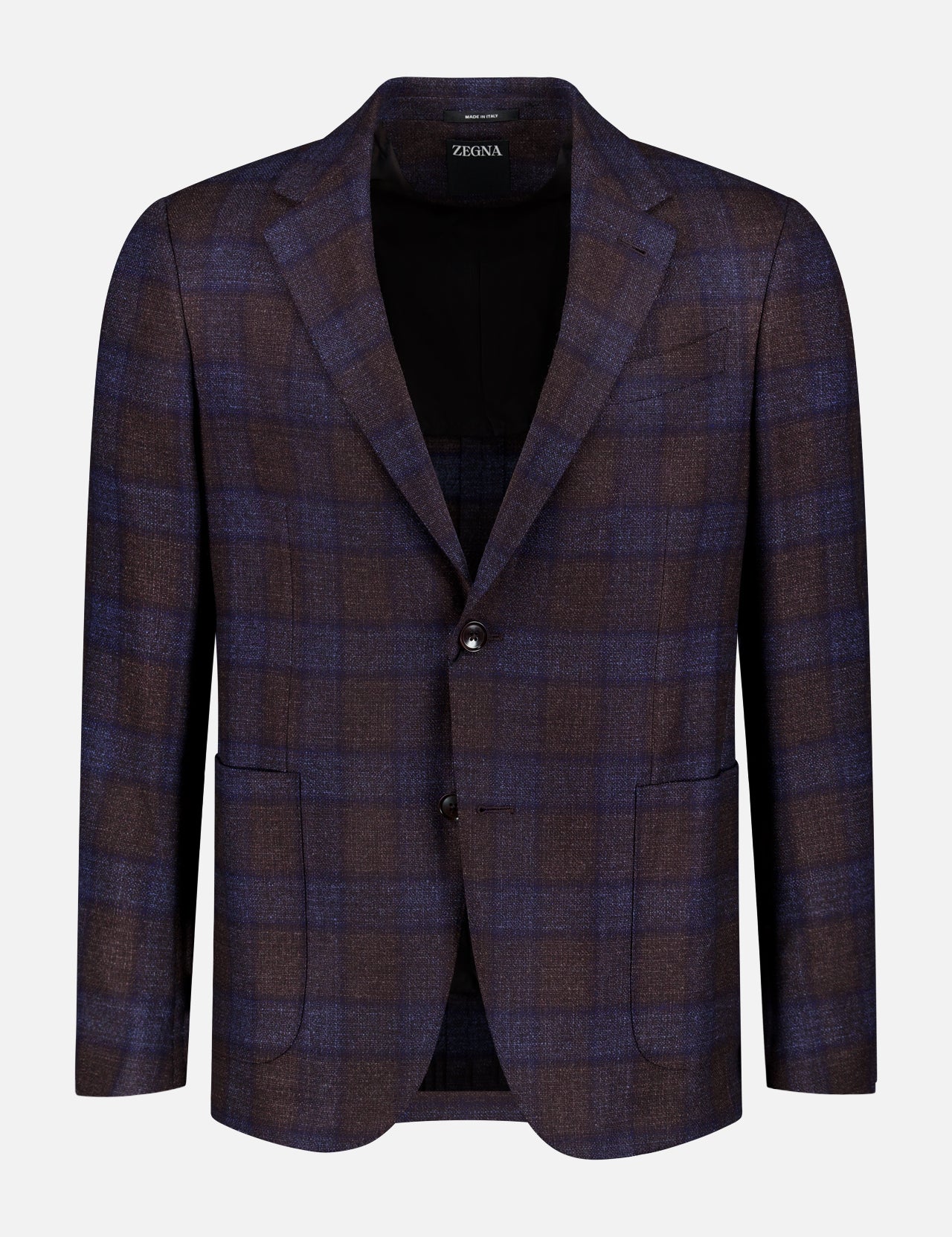 The ZEGNA Pure Wool Plaid Sportcoat for men, made in Italy, features a brown and blue plaid pattern with notched lapels, two buttons, flap pockets, and a chest pocket; shown on a plain white background.