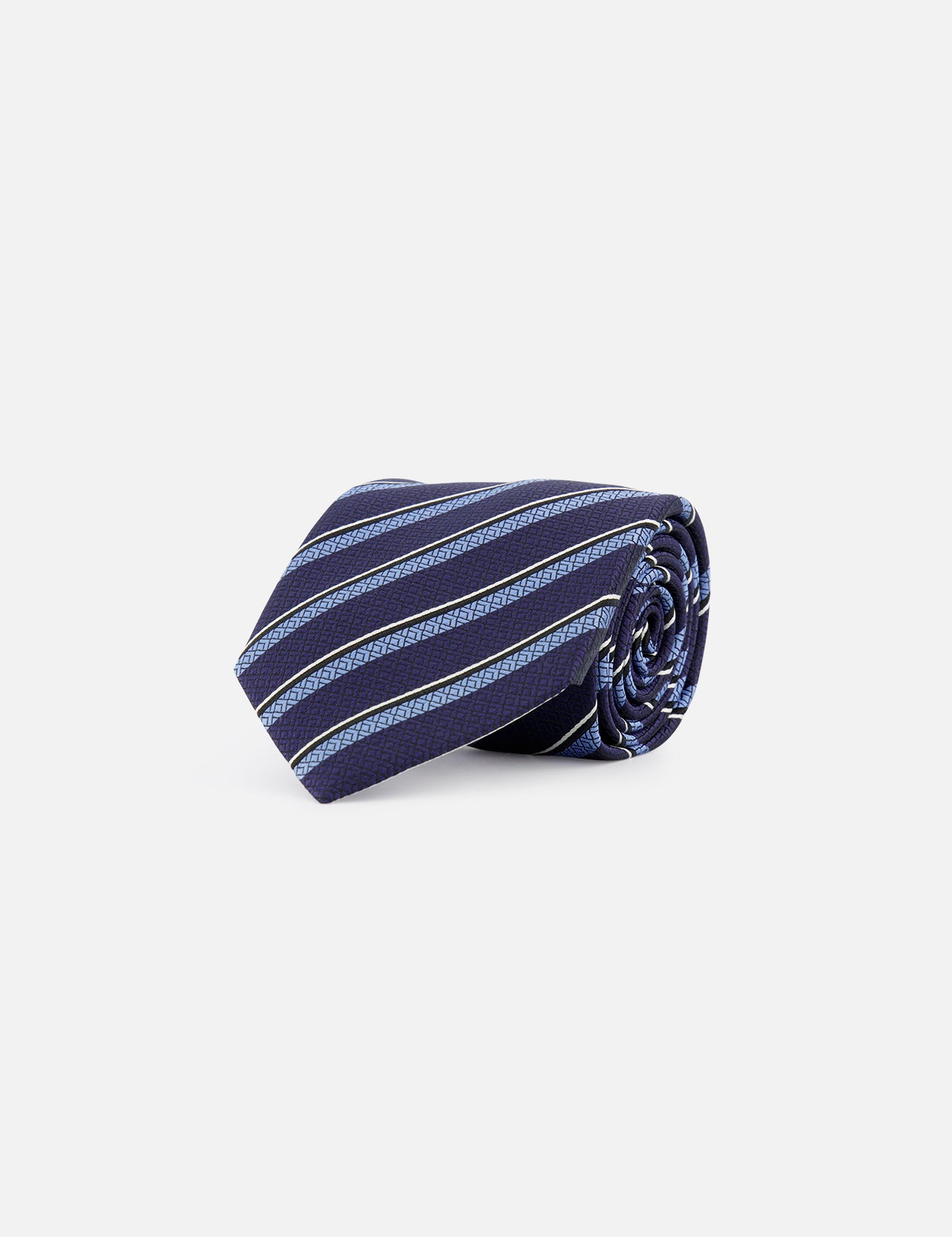 The ZEGNA Silk Jacquard Tie - Blue Stripe features diagonal light blue and silver stripes on navy silk-blend fabric, elegantly rolled and displayed on a plain white background.