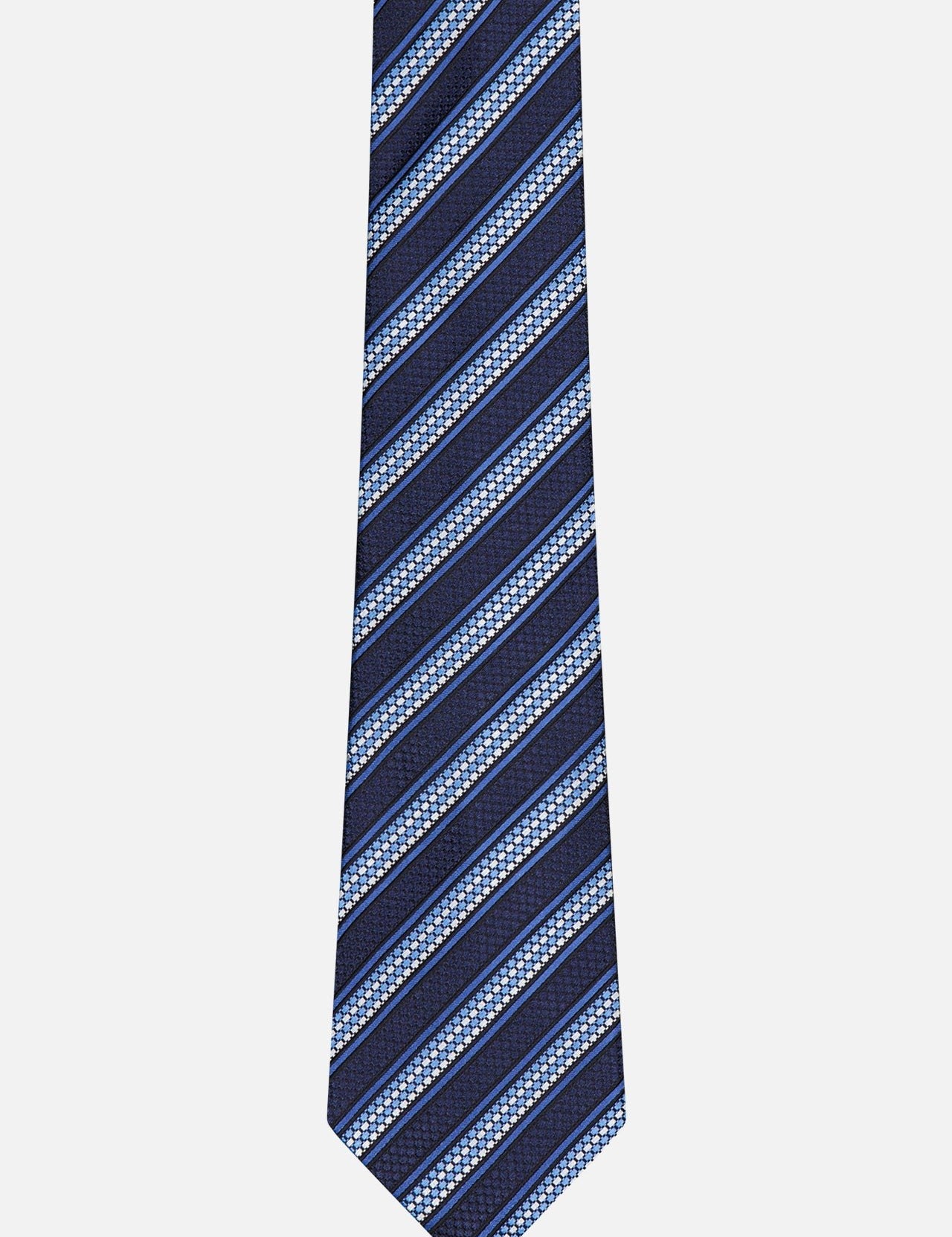 The ZEGNA Silk Jacquard Tie in dark blue features diagonal stripes in blue and white with textured lighter stripes for a refined, luxurious look.