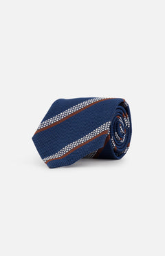 The ZEGNA Silk Jacquard Diagonal Stripe Tie in teal blue, with white and brown stripes, is elegantly rolled and set against a plain white background.