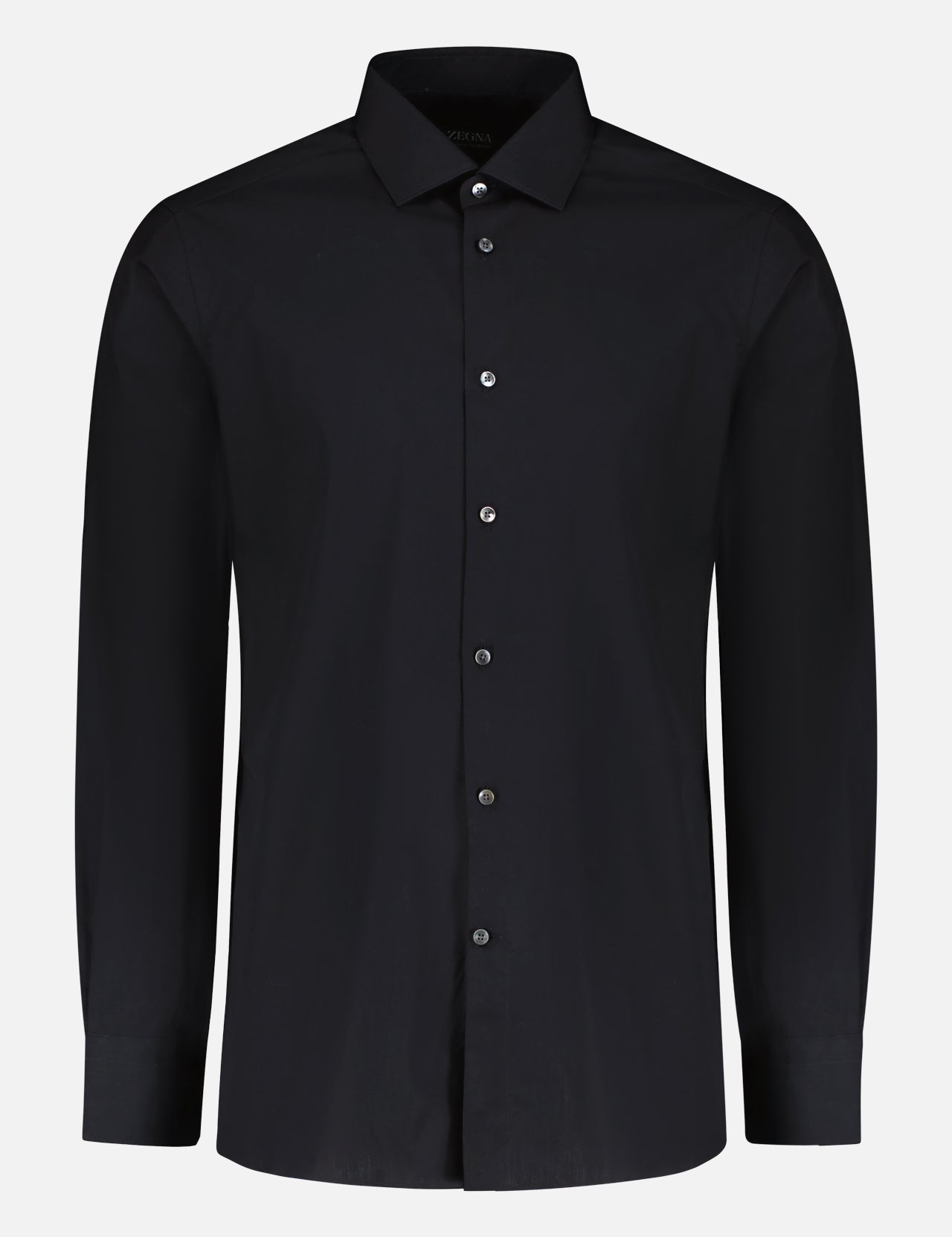The ZEGNA Trofeo Comfort Shirt, a black men's dress shirt with long sleeves, button-up front, and pointed collar, is shown against a plain white background.