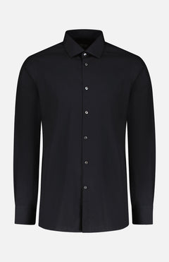 The ZEGNA Trofeo Comfort Shirt, a black men's dress shirt with long sleeves, button-up front, and pointed collar, is shown against a plain white background.