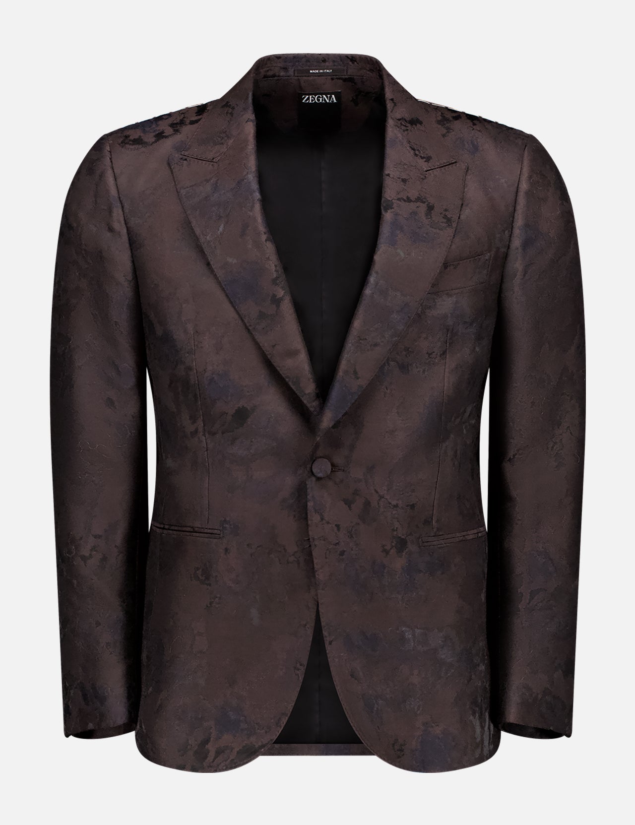 The ZEGNA Wool and Silk Tux Jacket features a dark brown pattern, notched lapel, two front pockets, and single button closure, shown on a plain white background.