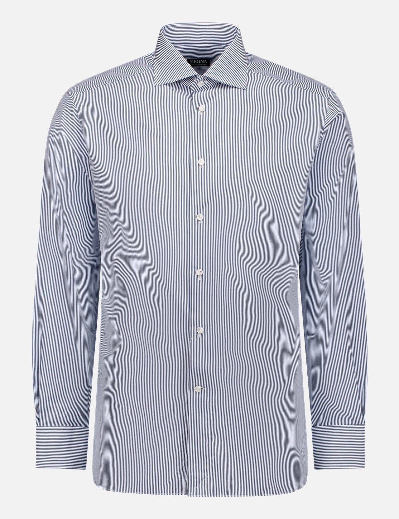 The ZEGNA Trofeo Comfort Shirt, a wrinkle-resistant blue and white striped dress shirt with long sleeves, a classic collar, and thin vertical stripes, is shown on a plain background.