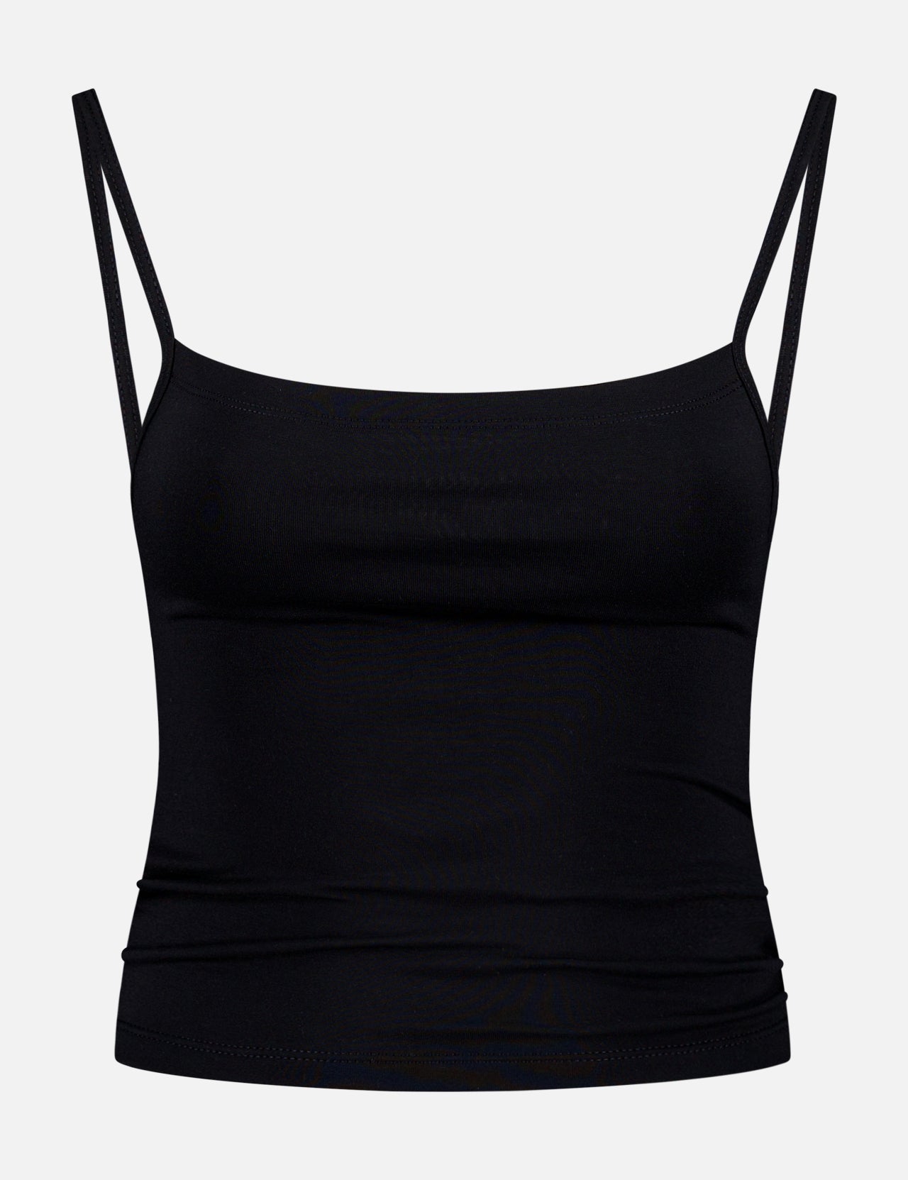 The ETERNE 90's Slim Fit Tank Top features a black, sleeveless design with thin spaghetti straps, made from a soft jersey modal blend for a snug fit, shown on a plain white background.