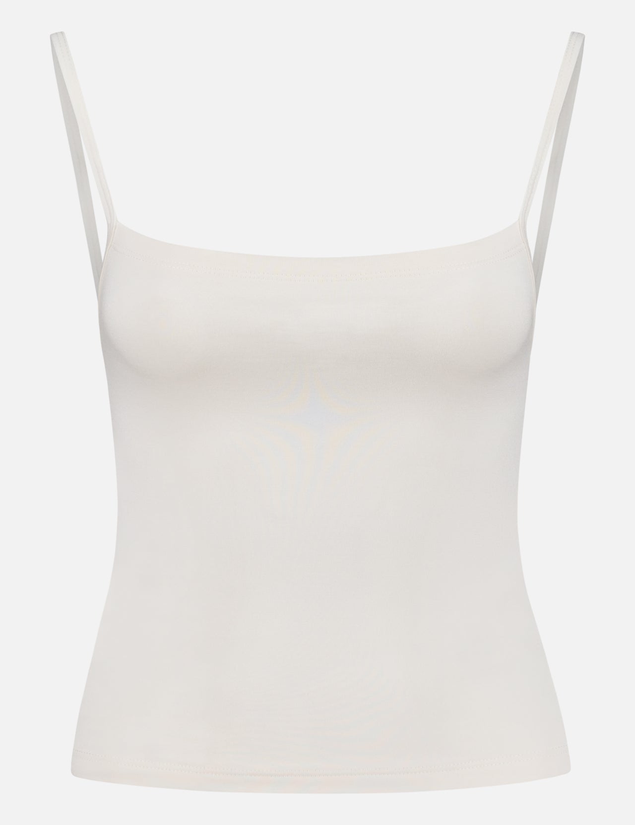 The ETERNE 90's Slim Fit Tank Top is a plain white camisole with thin spaghetti straps, crafted from a soft modal blend and shown against a white background.