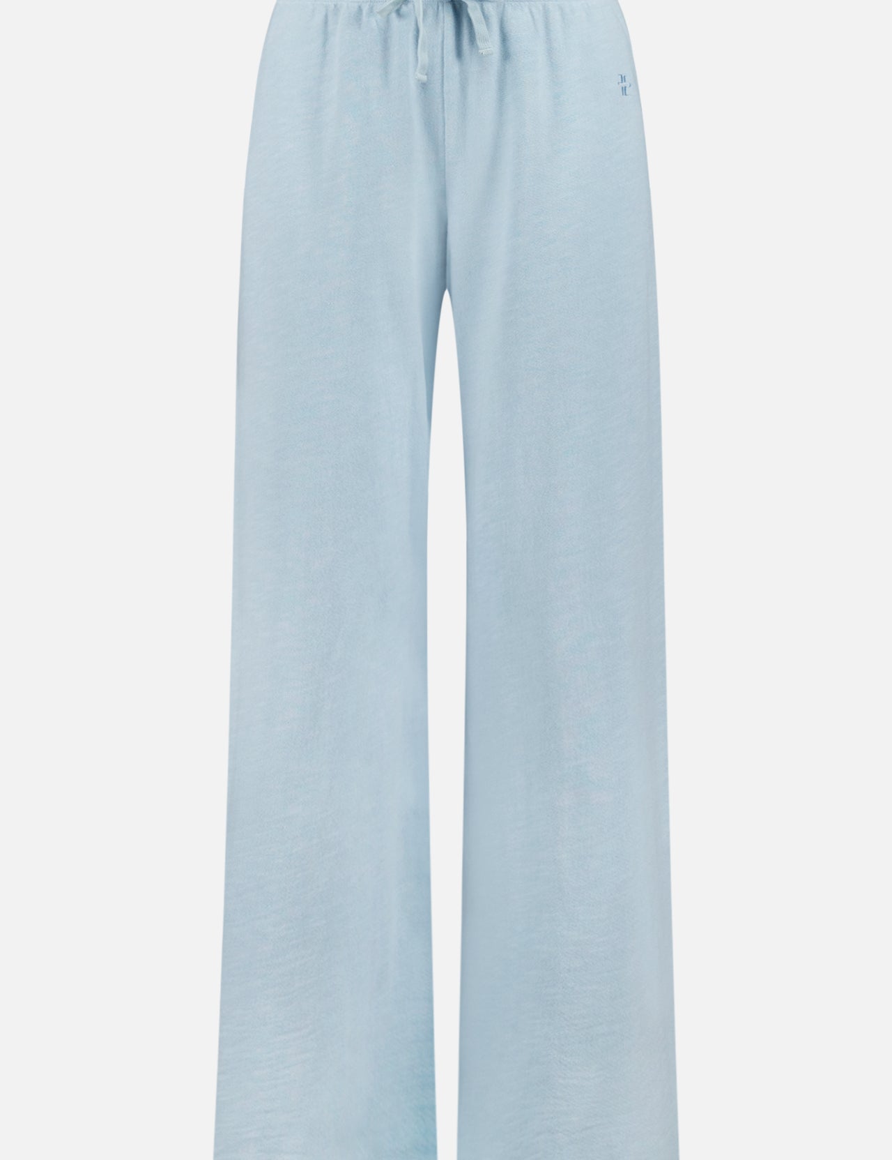 The ETERNE Drawstring Wide Leg Sweatpant features a light blue color, relaxed fit, soft French terry fabric, elastic waistband with drawstring tie, and a subtle logo detail near the left pocket.