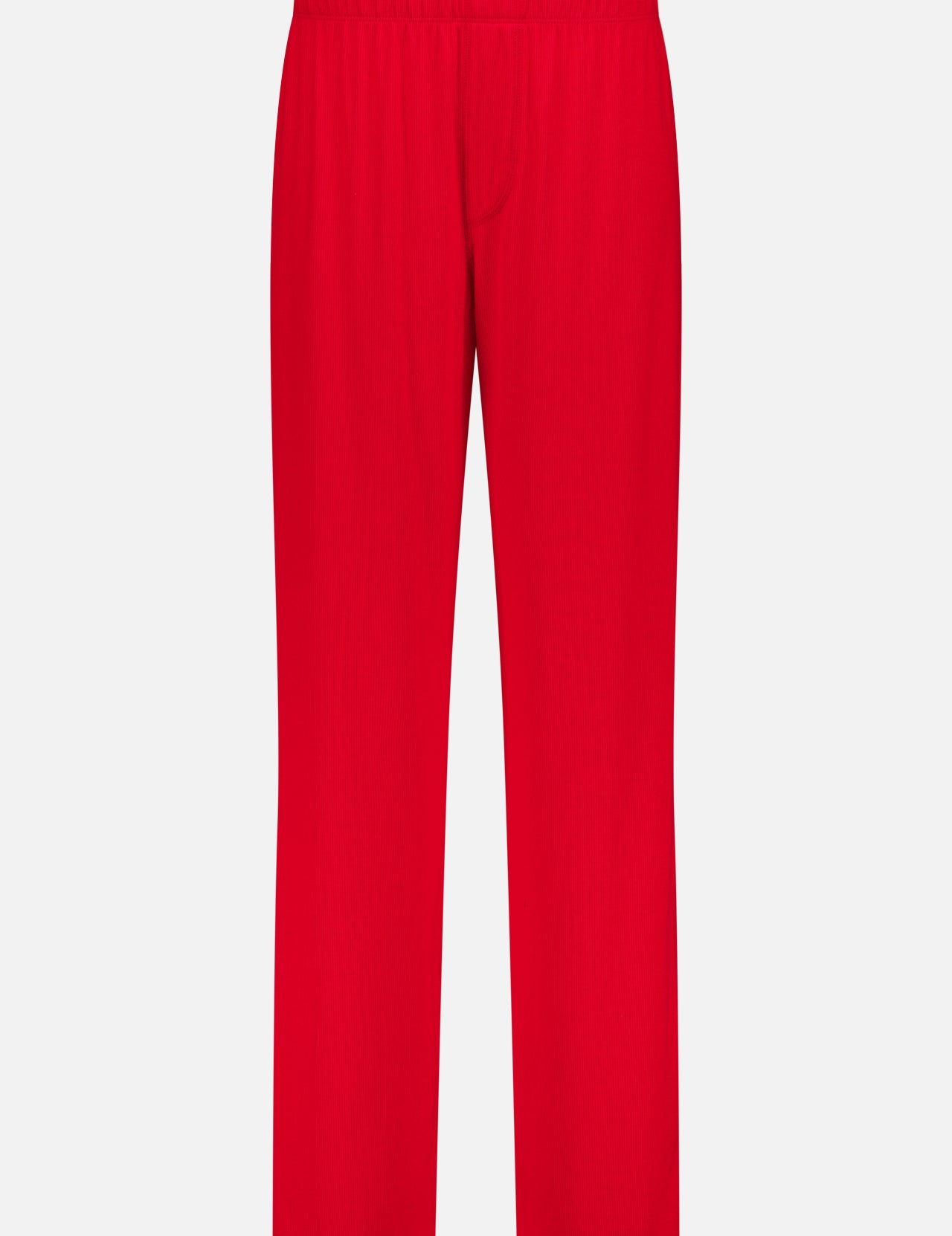 The ETERNE Ribbed Lounge Pant features a bright red straight-leg silhouette with an elastic waistband, crafted from soft ribbed fabric—ideal for everyday wear. Shown on a plain white background.