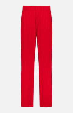 The ETERNE Ribbed Lounge Pant features a bright red straight-leg silhouette with an elastic waistband, crafted from soft ribbed fabric—ideal for everyday wear. Shown on a plain white background.