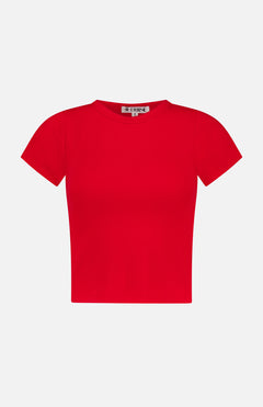 The ETERNE Short Sleeve Baby T-shirt features a cropped fit, crew neck, and soft ribbed fabric in bright red, shown on a white background.