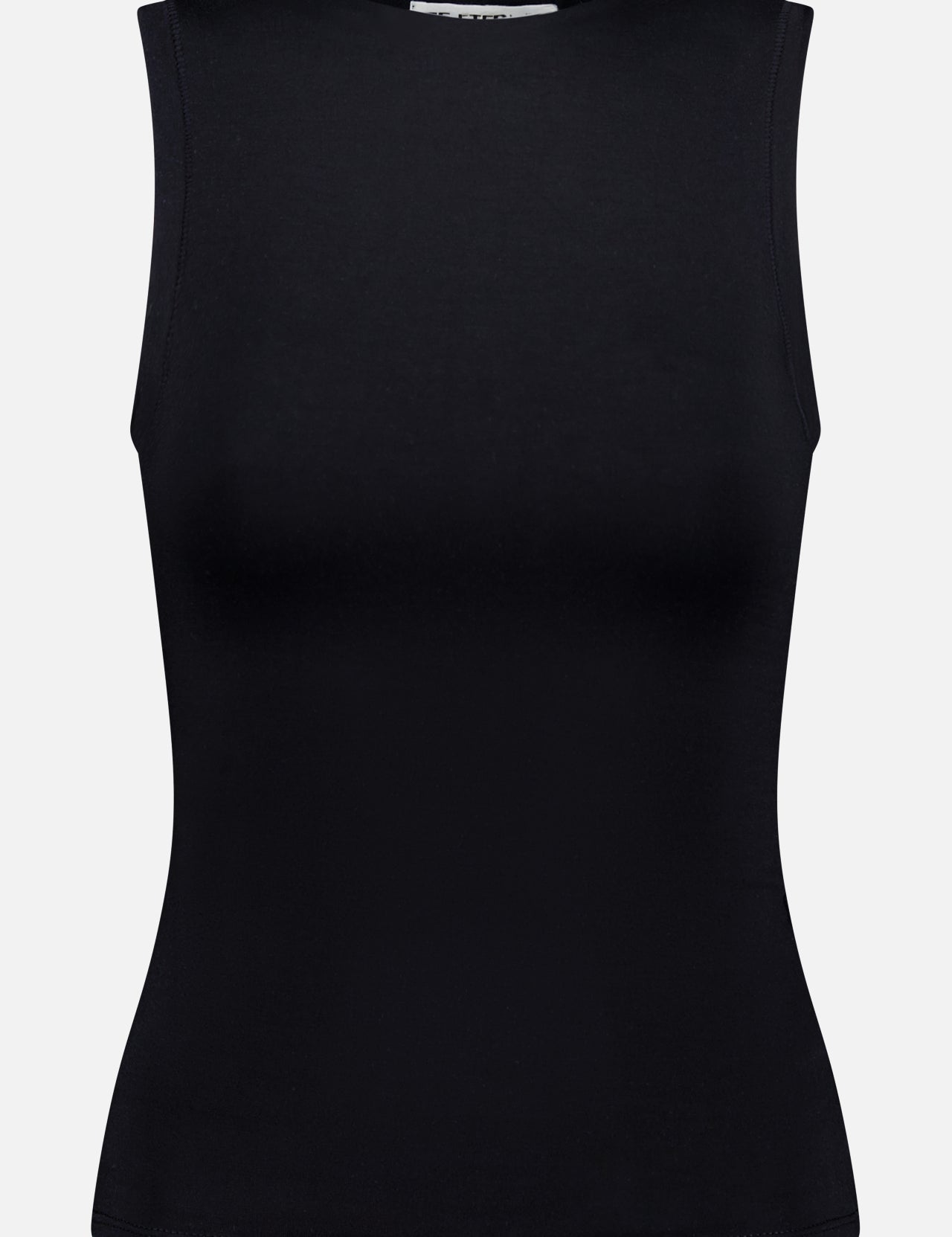 The ETERNE Sleeveless Crewneck Slim Fit Top in black features a sleek, essential design crafted from a modal blend, shown on a plain white background.