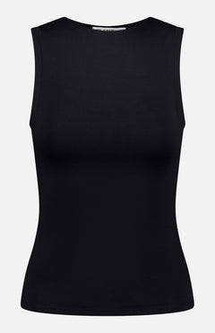 The ETERNE Sleeveless Crewneck Slim Fit Top in black features a sleek, essential design crafted from a modal blend, shown on a plain white background.