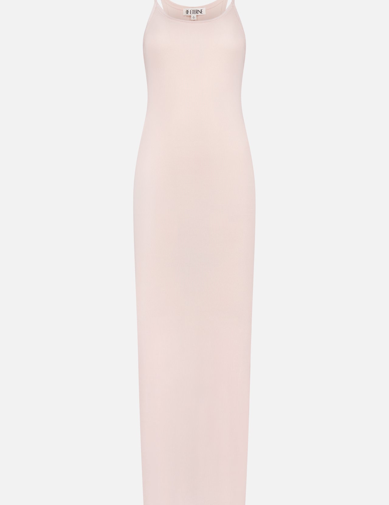 The ETERNE Tank Maxi Dress is a sleeveless, light pink, form-fitting maxi with thin spaghetti straps, made from soft ribbed cotton and shown on a plain white background.