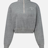 Gray Eterne Cropped Half-Zip Sweatshirt with a zip neck, stand-up collar, and an embroidered logo on the chest.