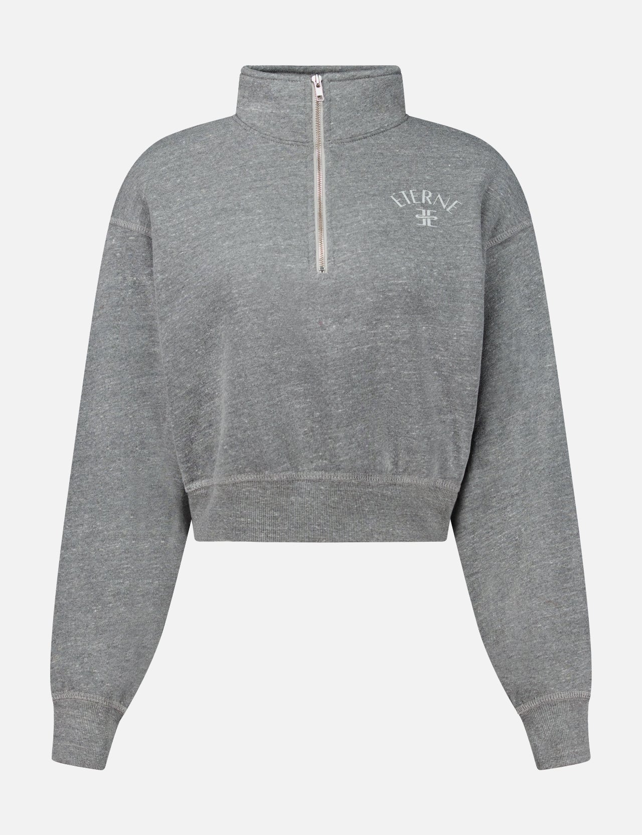 Gray Eterne Cropped Half-Zip Sweatshirt with a zip neck, stand-up collar, and an embroidered logo on the chest.