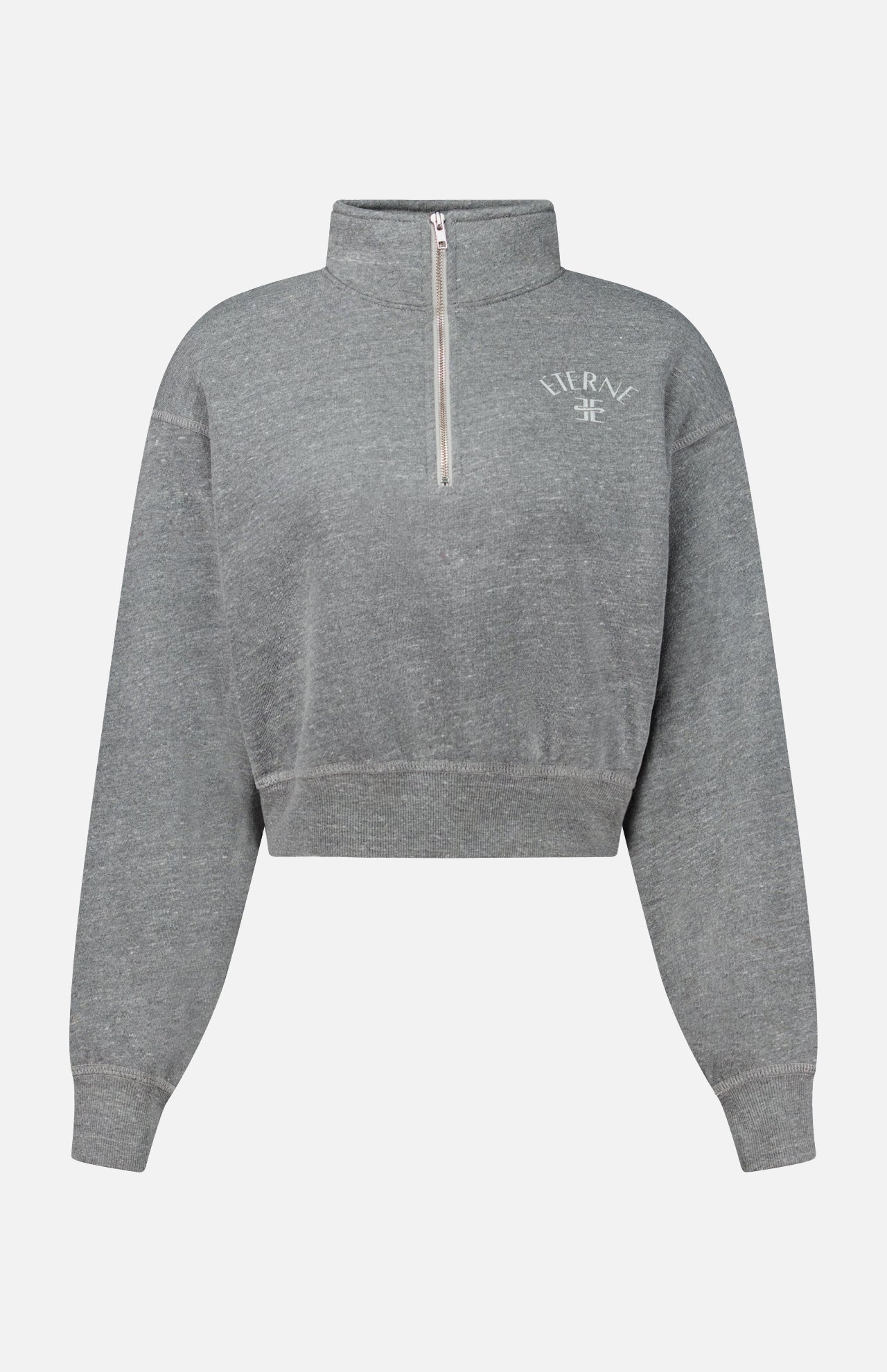 Gray Eterne Cropped Half-Zip Sweatshirt with a zip neck, stand-up collar, and an embroidered logo on the chest.