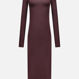 The ETERNE Long Sleeve Turtleneck Maxi Dress in dark maroon, made from a jersey modal blend, features a bodycon fit and high neckline. Displayed against a plain white background.