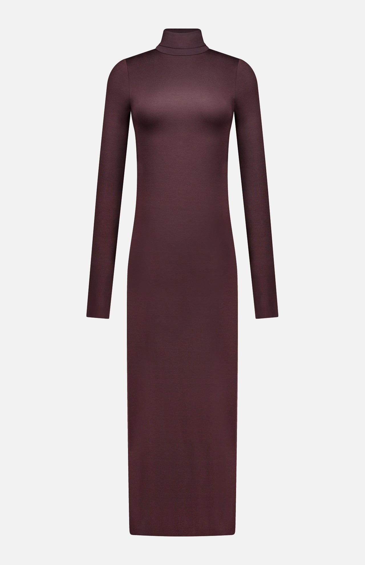 The ETERNE Long Sleeve Turtleneck Maxi Dress in dark maroon, made from a jersey modal blend, features a bodycon fit and high neckline. Displayed against a plain white background.