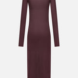 The ETERNE Long Sleeve Turtleneck Maxi Dress is ankle-length, fitted, and maroon, made from a soft jersey modal blend with a high neckline. Shown from the back against a plain white background.