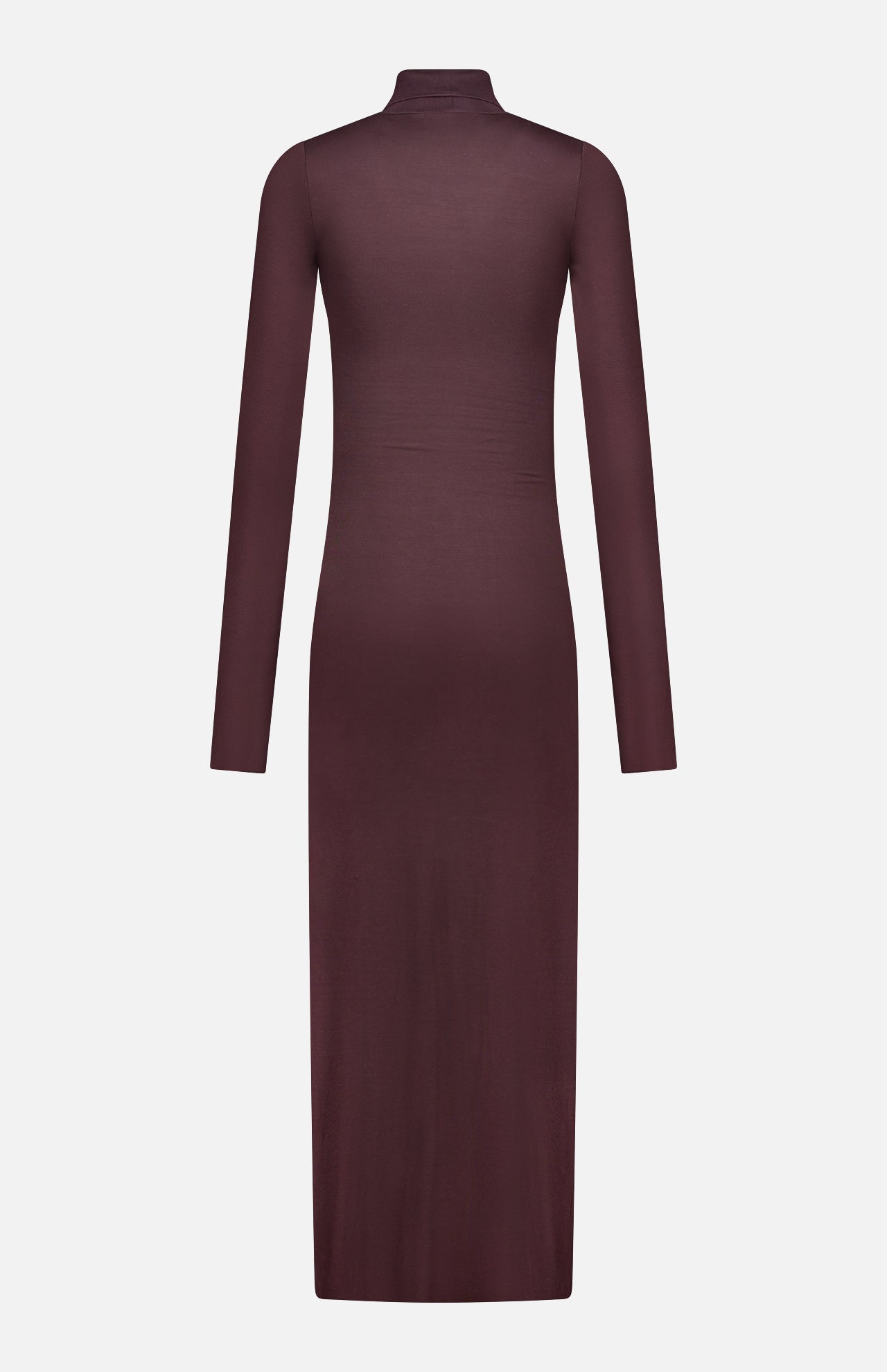 The ETERNE Long Sleeve Turtleneck Maxi Dress is ankle-length, fitted, and maroon, made from a soft jersey modal blend with a high neckline. Shown from the back against a plain white background.