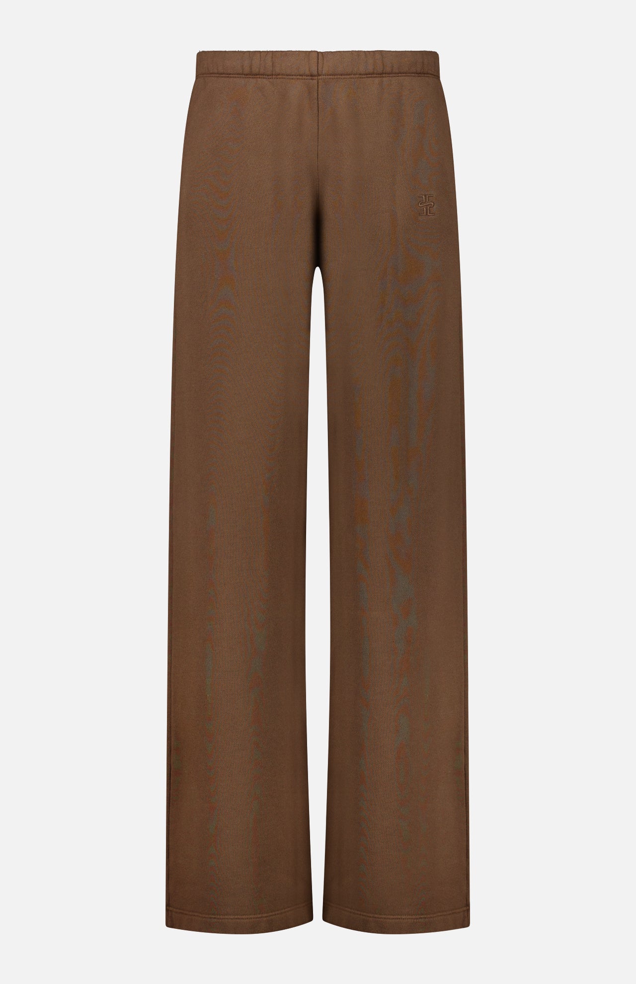 The ETERNE Oversized Wide Leg Sweatpant, featuring a brown French terry fabric, elastic waistband, and a subtle logo on the upper left side, is displayed against a plain white background.