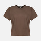The ETERNE Short Sleeve Boxy T-shirt is shown against a white background. Crafted from a soft cotton-blend fabric, this brown top features a crew neckline and a comfortable, boxy fit—ideal for everyday wear.