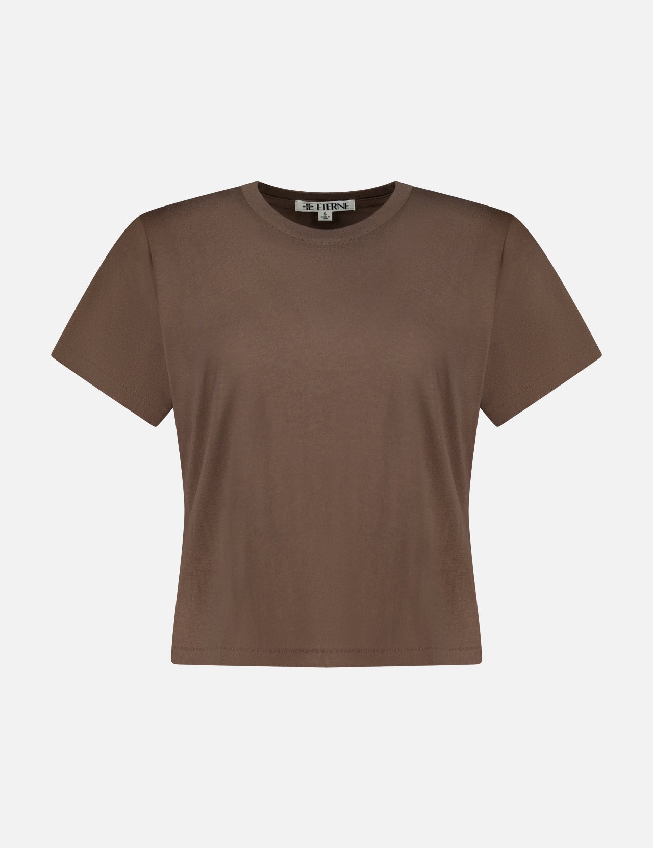 The ETERNE Short Sleeve Boxy T-shirt is shown against a white background. Crafted from a soft cotton-blend fabric, this brown top features a crew neckline and a comfortable, boxy fit—ideal for everyday wear.