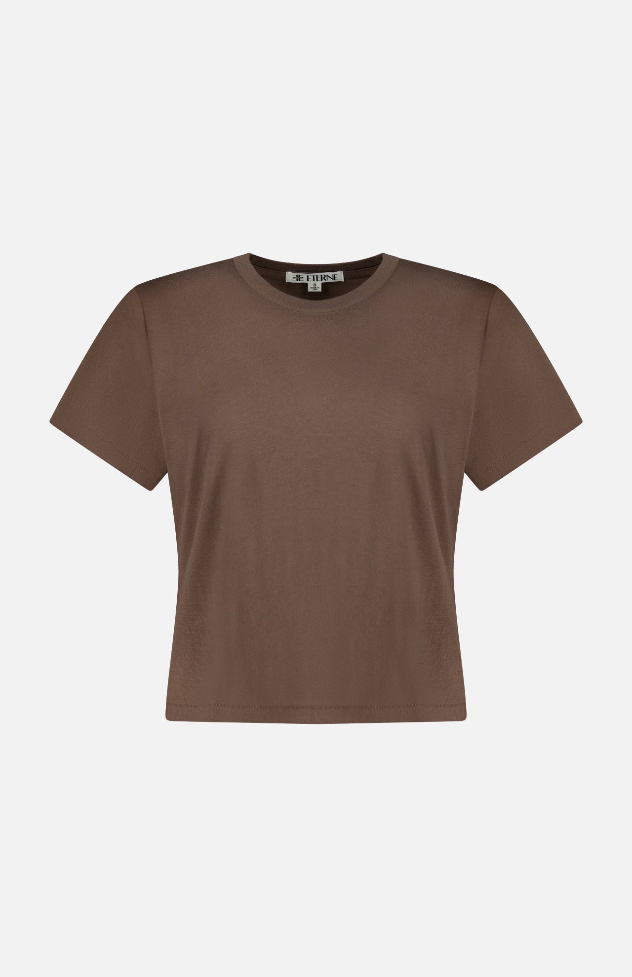 The ETERNE Short Sleeve Boxy T-shirt is shown against a white background. Crafted from a soft cotton-blend fabric, this brown top features a crew neckline and a comfortable, boxy fit—ideal for everyday wear.