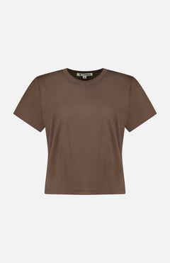 The ETERNE Short Sleeve Boxy T-shirt is shown against a white background. Crafted from a soft cotton-blend fabric, this brown top features a crew neckline and a comfortable, boxy fit—ideal for everyday wear.