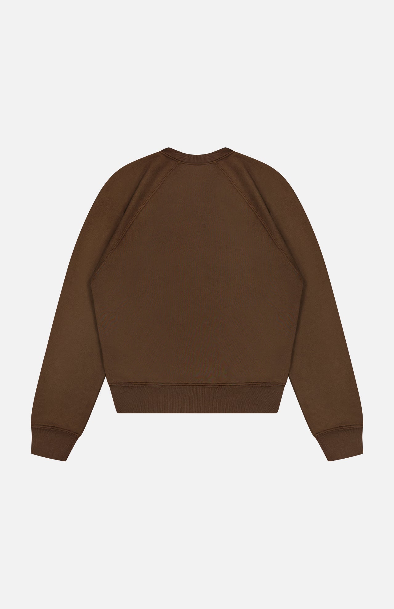 The ETERNE Shrunken V-Stitch Raglan Sweatshirt is displayed flat on a white background, shown from the back. Crafted in plain brown French terry, it features raglan sleeves along with ribbed cuffs and hem—a perfect choice for everyday wear.