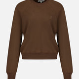 The ETERNE Shrunken V-Stitch Raglan Sweatshirt is a plain brown French Terry crewneck featuring ribbed cuffs and a shrunken fit, perfect for everyday wear, shown on a white background.