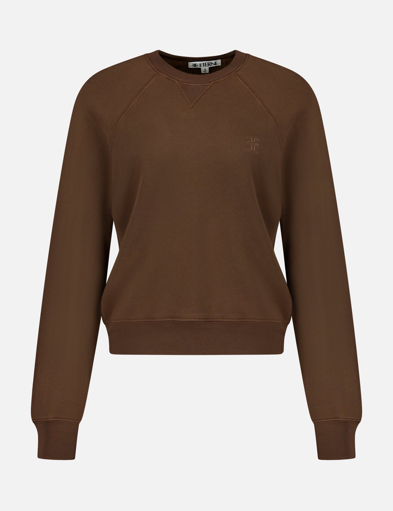 The ETERNE Shrunken V-Stitch Raglan Sweatshirt is a plain brown French Terry crewneck featuring ribbed cuffs and a shrunken fit, perfect for everyday wear, shown on a white background.