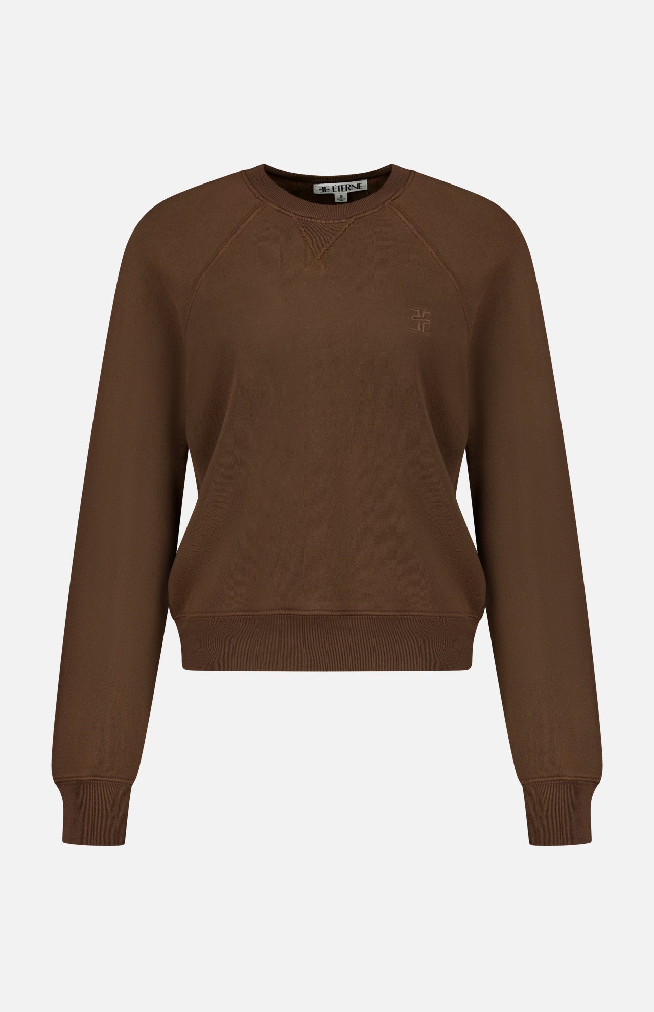 The ETERNE Shrunken V-Stitch Raglan Sweatshirt is a plain brown French Terry crewneck featuring ribbed cuffs and a shrunken fit, perfect for everyday wear, shown on a white background.
