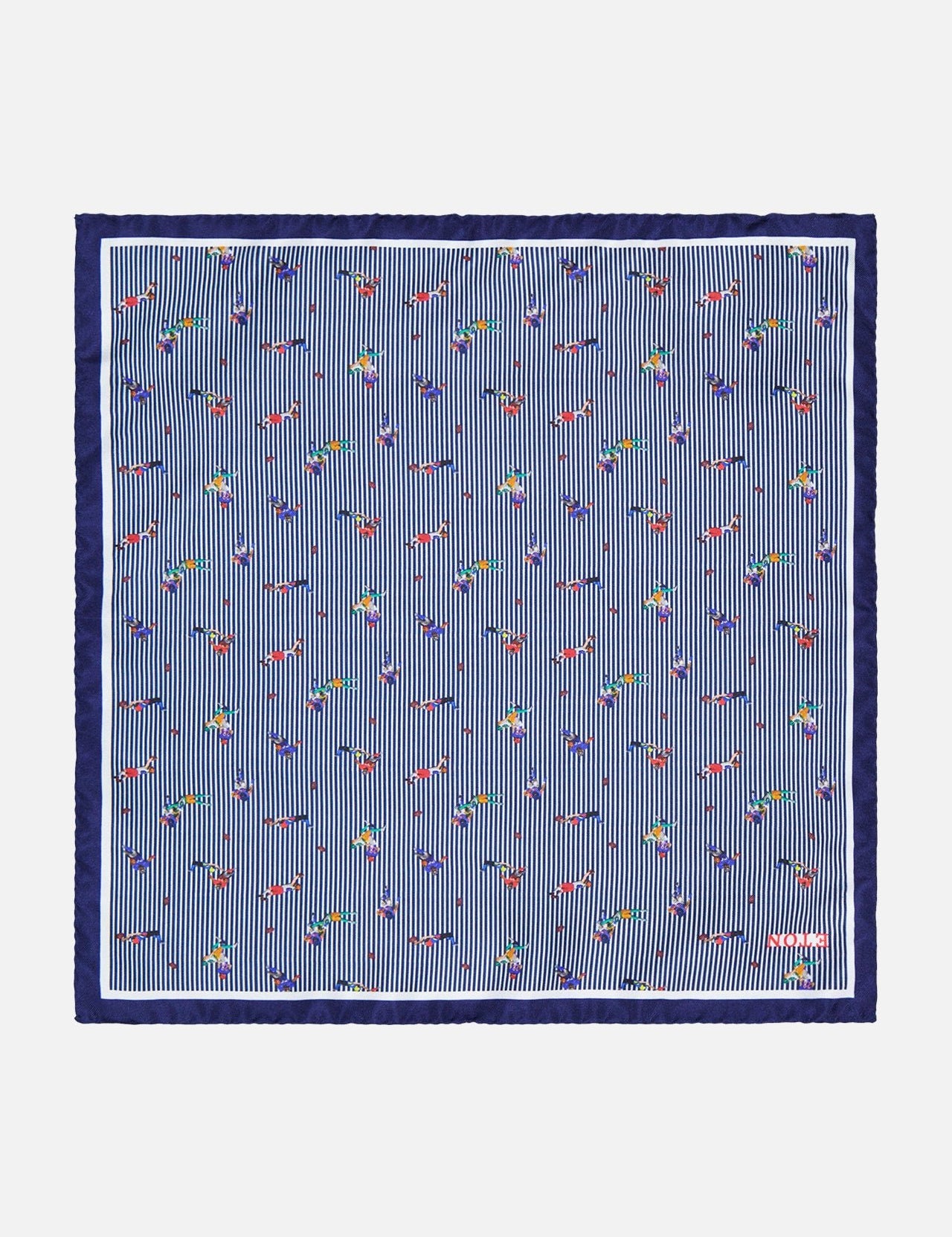 The ETON American Football Print Pocket Square is rectangular, blue silk with thin white vertical stripes, a navy border, scattered small colorful footballs, and a discreet logo in one corner.