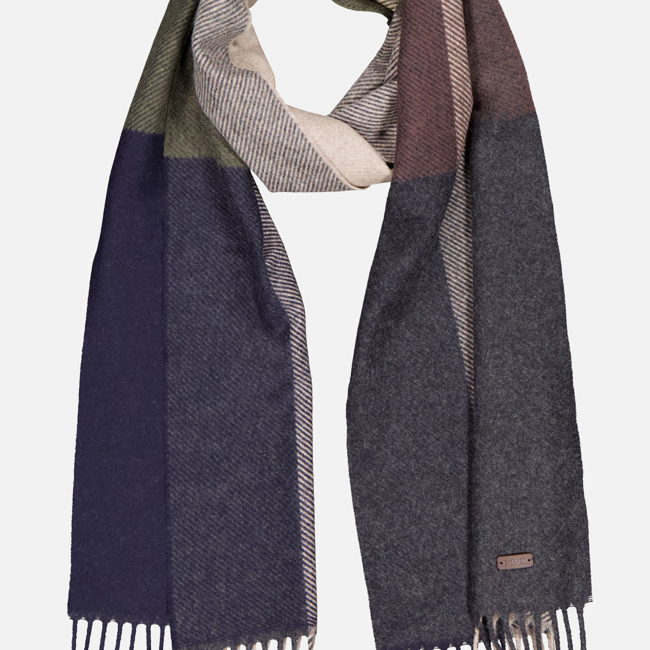 The ETON Block Color Cashmere Scarf features a colorblock design in navy, green, beige, brown, and gray with fringed ends and a subtle brown tag—a stylish luxury accessory to elevate your collection.