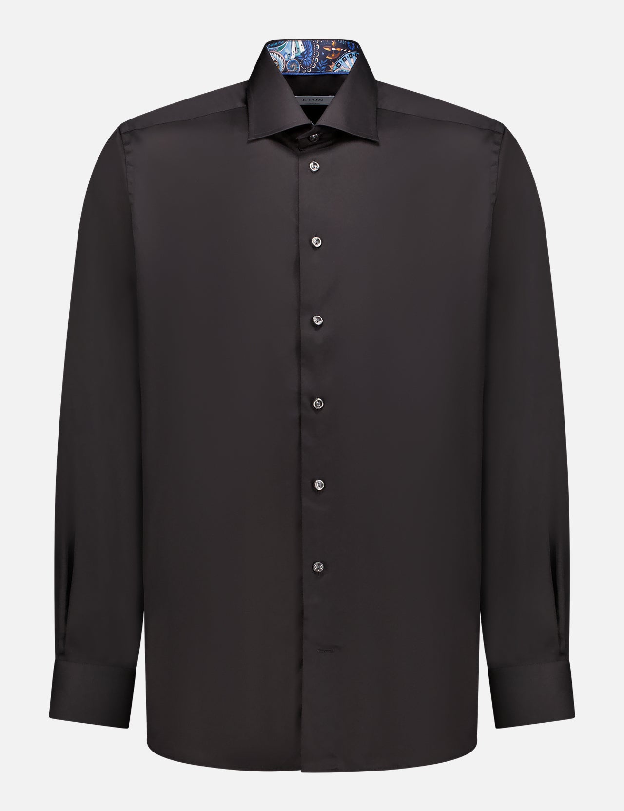 The ETON Black Floral Effect Signature Twill Shirt is a slim-fit, long-sleeve dress shirt with a button-down front and subtle floral design inside the collar, shown on a plain white background.