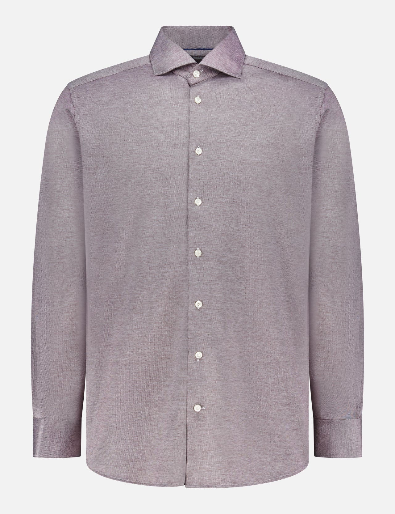 The ETON Contemporary Fit Filo di Scozia Knit Shirt in light purple features a piqué texture, white buttons, and a collar. Shown on a plain white background, its smooth, slightly shiny finish is ideal for polished workwear looks.