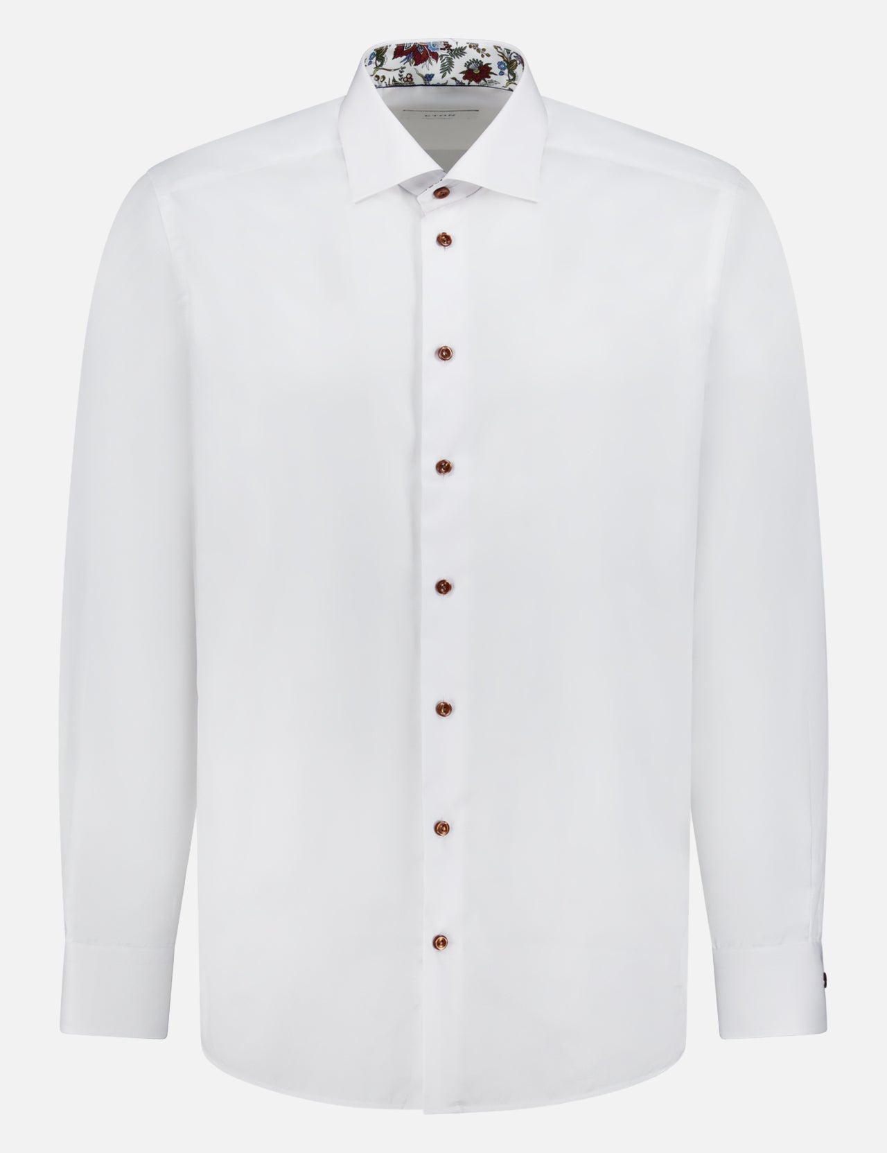 The ETON Contemporary Fit Floral Effect Twill Shirt is a wrinkle-resistant white dress shirt with brown buttons, a classic collar, and a subtle floral pattern inside the collar for a crisp, stylish look.