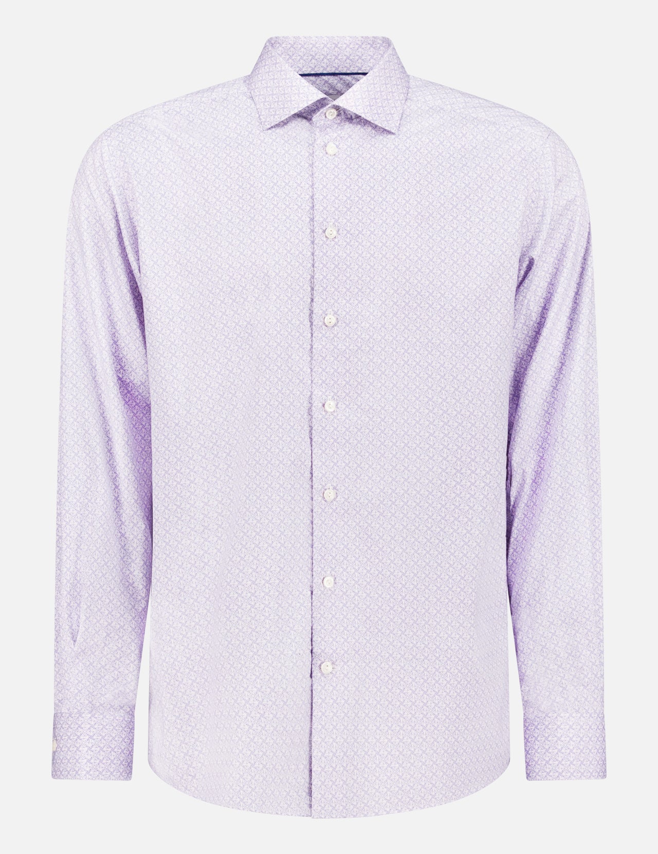 The ETON Contemporary Fit Geometric Signature Twill Shirt is a light purple men’s dress shirt with a subtle dotted pattern, classic collar, and white buttons, shown on a plain white background.