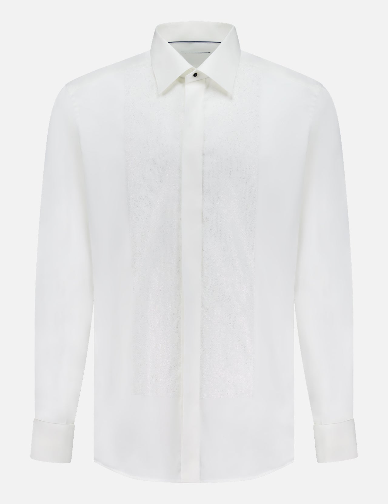 The ETON Contemporary Fit Lurex Paisley Bib Evening Shirt is a white formal shirt with a pointed collar, button-down front, and subtle paisley bib detail—ideal for elegant evening occasions.