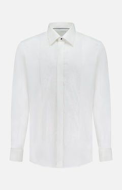 The ETON Contemporary Fit Lurex Paisley Bib Evening Shirt is a white formal shirt with a pointed collar, button-down front, and subtle paisley bib detail—ideal for elegant evening occasions.