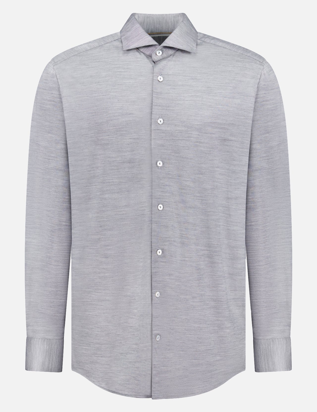 The ETON Contemporary Fit Merino Lyocell Jersey Dress Shirt, a light gray men’s long-sleeve collared shirt, is displayed on a white background.