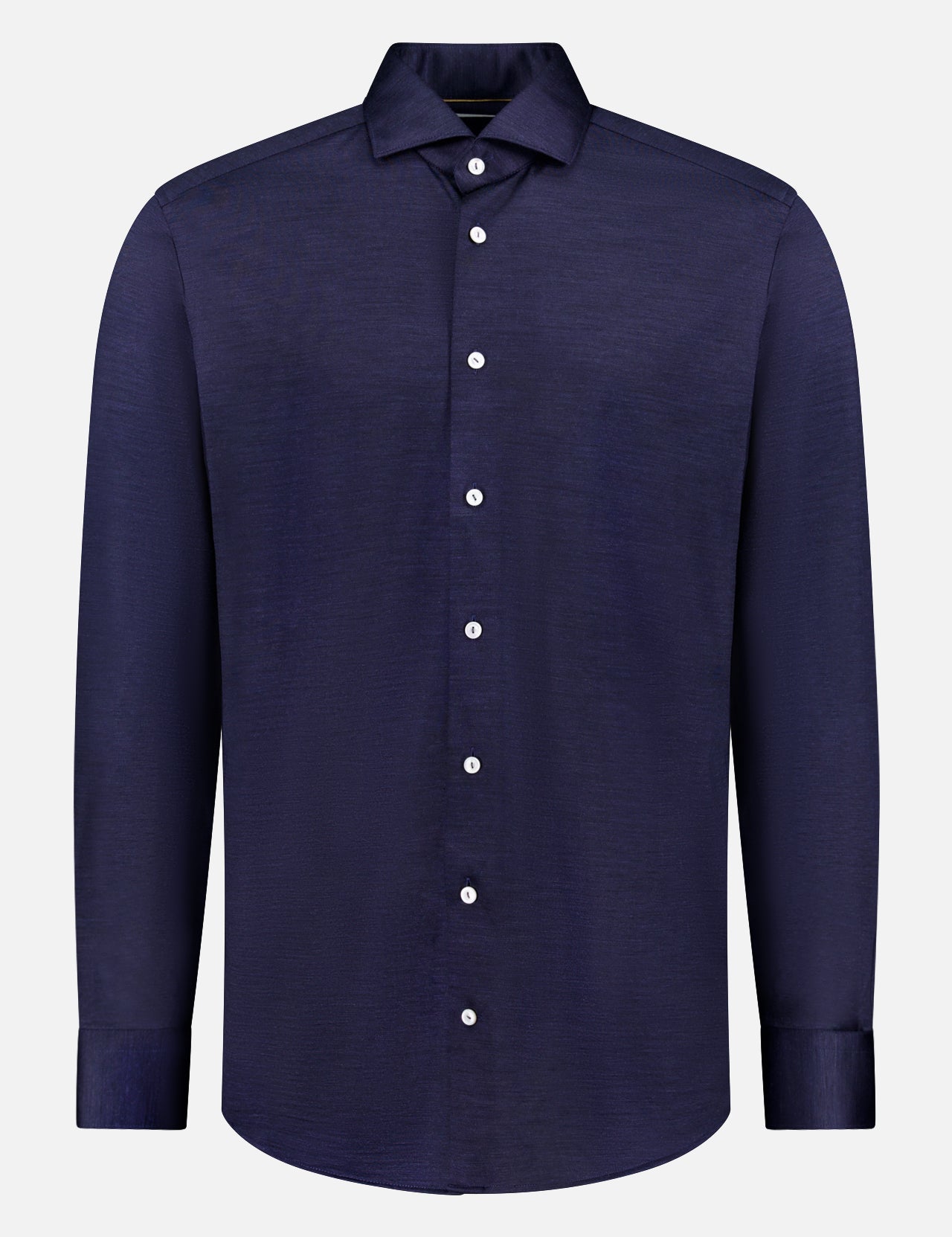The ETON Contemporary Fit Merino Lyocell Jersey Dress Shirt is a men’s long-sleeve button-up in dark navy, featuring a classic collar and white buttons, shown on a plain white background.