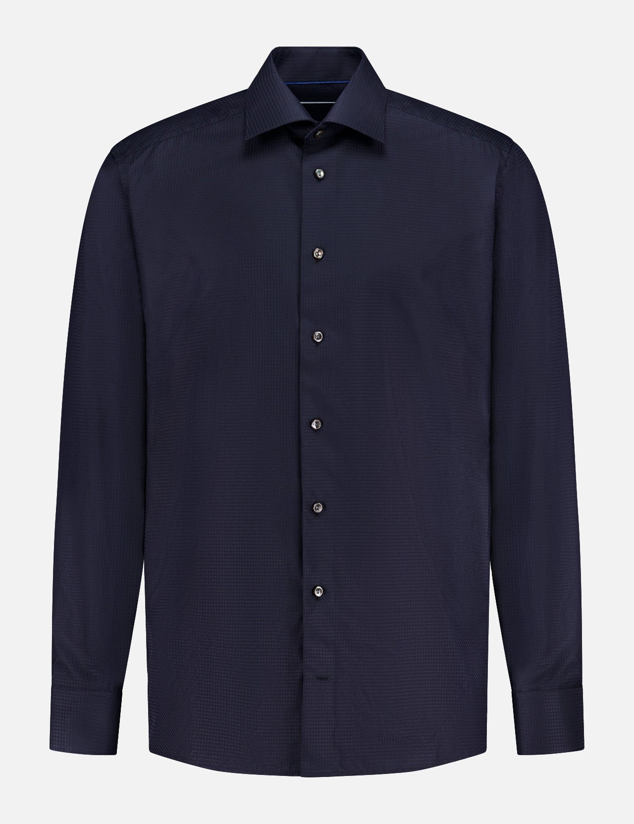 The ETON Contemporary Fit Semi Solid Dobby Dress Shirt for men features long sleeves, a classic collar, button-up front, and is crafted from 100% cotton in dark navy blue, shown against a plain white background.