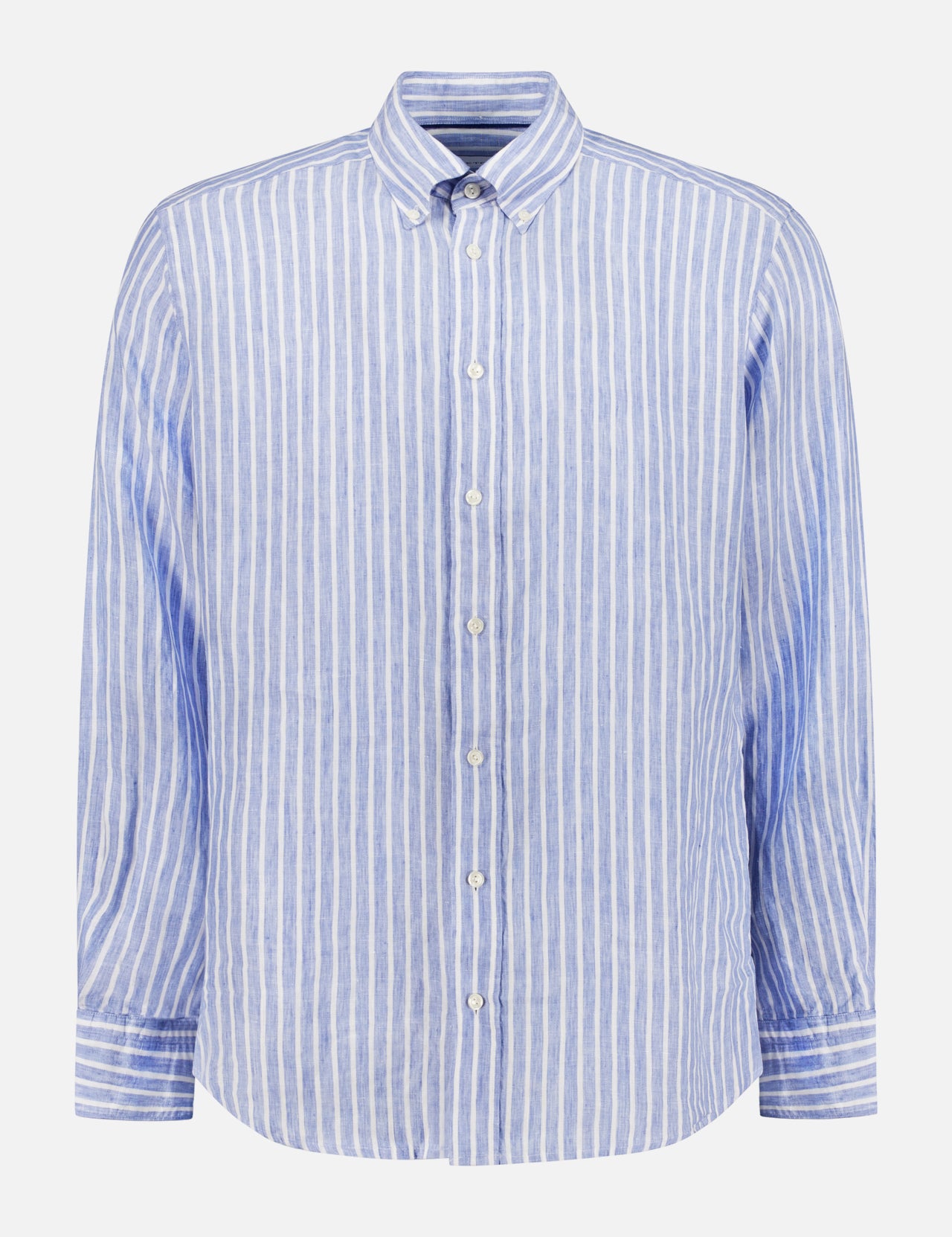 The ETON Contemporary Fit Striped Linen Shirt is a men's long-sleeve, button-up with vertical blue and white stripes, a collar, buttoned cuffs, and a straight hem—ideal for spring and summer.