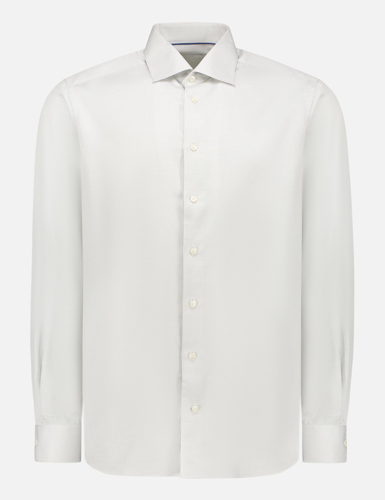 The ETON Light Green Semi Solid Signature Twill Shirt is a slim fit, long-sleeved dress shirt with a collar and button-down front, made from 100% cotton and displayed against a white background.