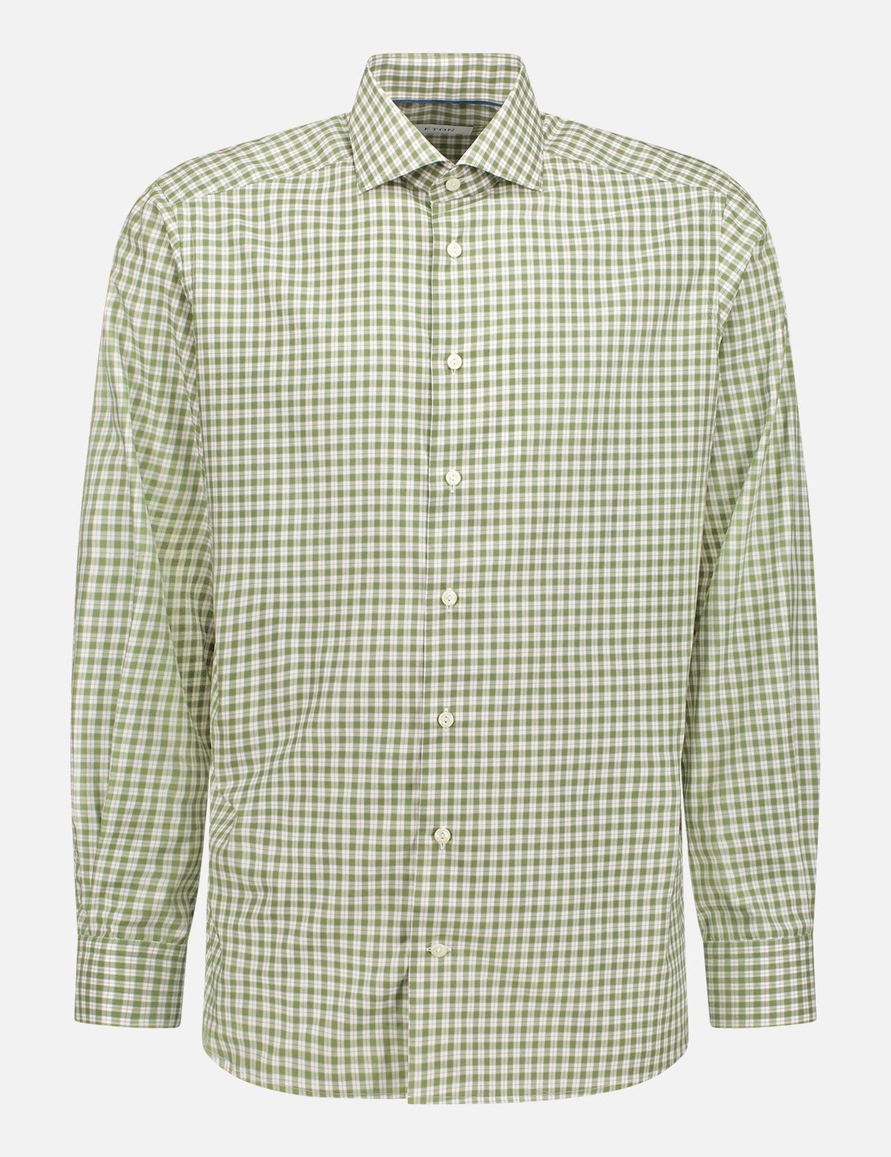 The ETON Mid Green Check Fine Twill Shirt is a slim fit, long sleeve dress shirt made from 100% cotton, featuring a pointed collar and buttoned cuffs.