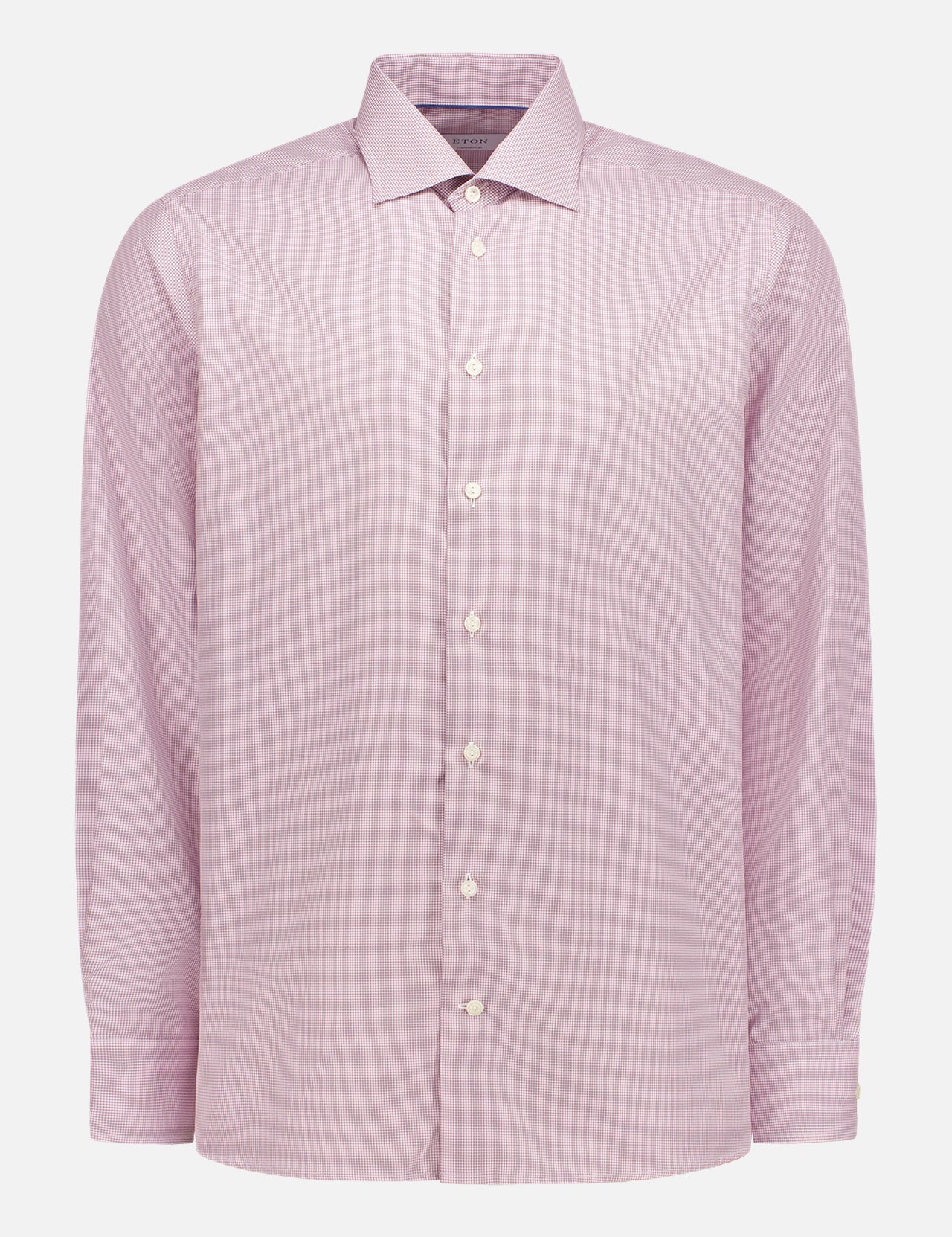 The ETON Mid Purple Fine Check Signature Twill Shirt, featuring a slim fit, classic collar, white buttons, and a fine check pattern, is displayed against a plain white background.