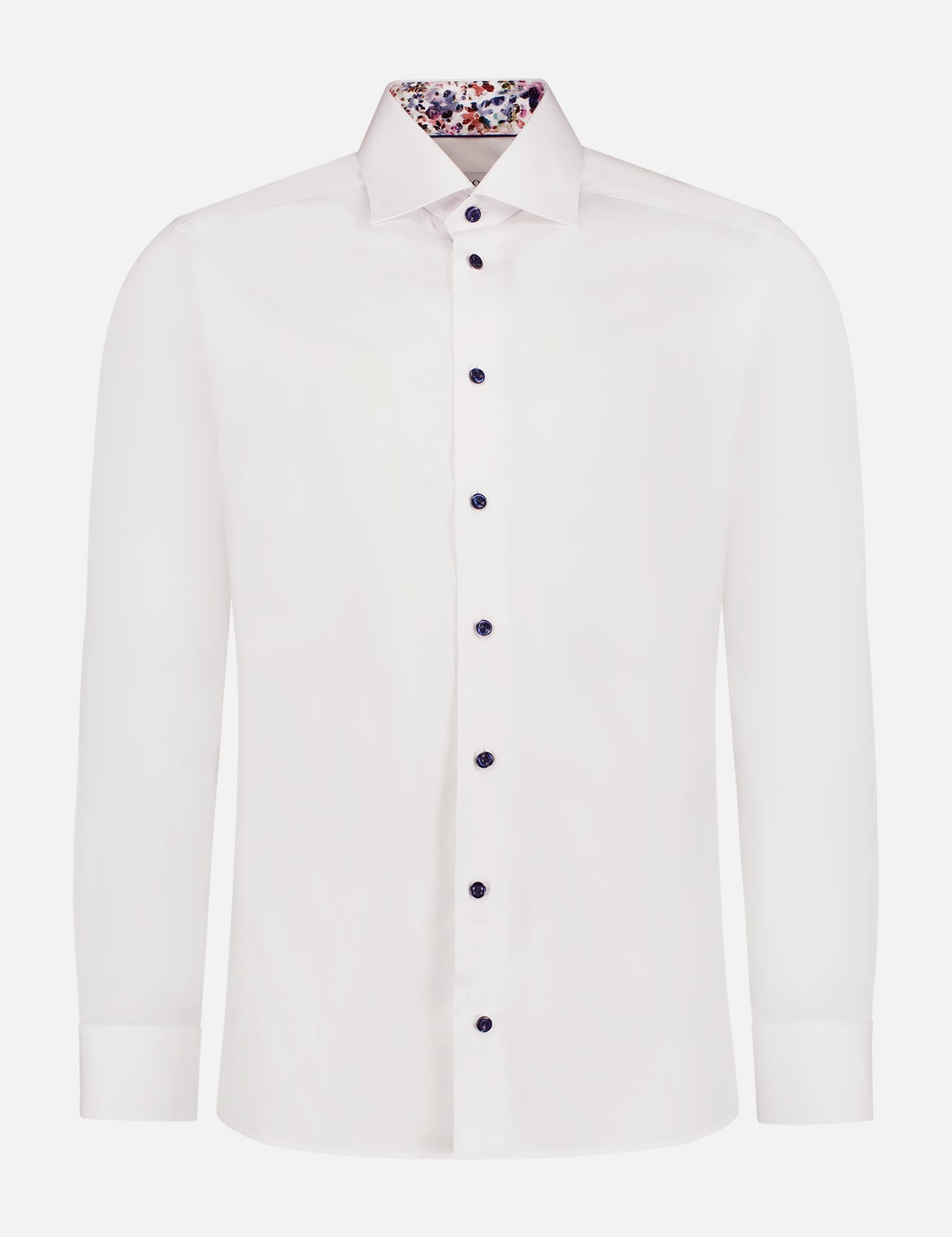 The ETON Floral Effect Signature Twill Shirt is a slim fit white dress shirt with dark buttons and a vibrant floral collar, displayed on a plain white background.